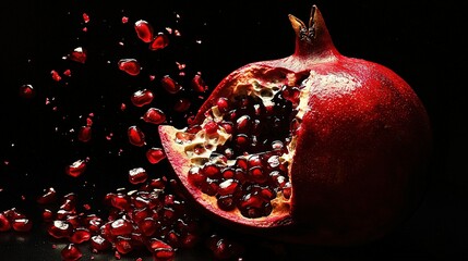 Poster -   A close-up of a pomegranate on a black background with numerous pomegranates scattered around it