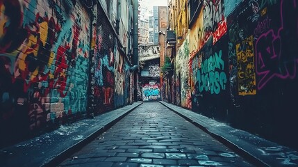 Poster -   A cobblestone path with colorful murals adorning its walls leads to a dead-end