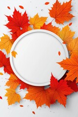 Colorful autumn maple leaves surrounding a circular white frame on a light background, evoking a sense of fall and seasonal change