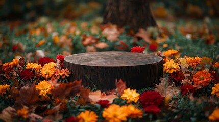 Poster - A wooden stump sits centrally amidst a rich carpet of orange, yellow, and red flowers, complemented by fallen autumn leaves. The scene captures the beauty of nature's seasonal transition.