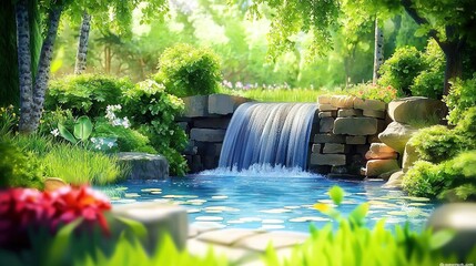 Sticker -   Waterfall painting in lush pond setting with two waterfalls