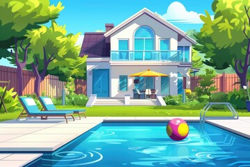 Poster - A house with a backyard featuring a pool and a beach ball, ideal for summer fun