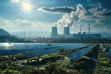 Poster - Photography of solar panels located in a field next to a nuclear power plant