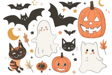 Wall Mural - A group of Halloween characters posing with bats and pumpkins, perfect for spooky decoration or party themes