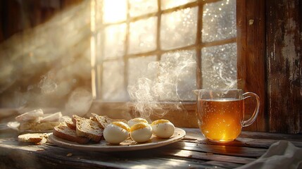 Wall Mural -   A plate of food and a cup of tea rest on a table near a window, bathed in sunlight