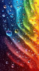 Colorful  background featuring water droplets on a vibrant multicolor abstract pattern with blue, green, yellow, red, and orange gradients creating a dynamic and artistic effect