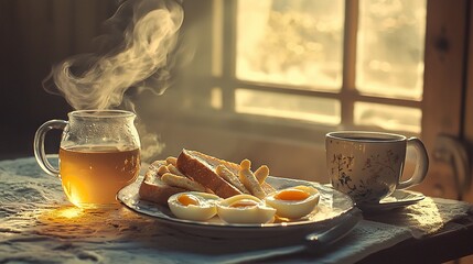 Poster -   A plate of food sits beside two steaming cups of tea and coffee