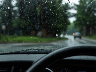 Observing raindrops on a car windshield while driving.