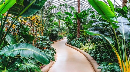 Canvas Print -   A lush pathway in a tropical paradise, lined with majestic palms and exotic flora on both sides