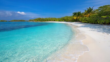 Sticker -   A pristine beach featuring crystalline blue water, swaying palm trees lining one side, and an expansive expanse of powdery white sand on the other