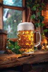 Poster - A mug of beer sitting on a wooden table, perfect for capturing the moment at a casual gathering or as a prop for your next creative project