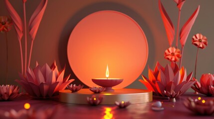 Poster - A lit candle sitting on top of a table surrounded by fresh flowers, ideal for romantic dinner or special occasion