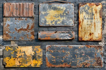 Poster - Old metal signs covered in rust on a brick wall, perfect for abandoned places or industrial settings