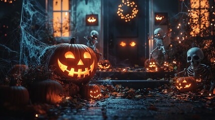 Poster -   A pair of Jack-o'-lanterns resting before a house with a skull positioned in front