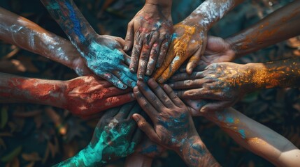 Poster - Group of people forming a circular hand hold, representing unity and community