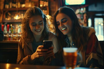 Wall Mural - Women sitting at a bar, looking at a cell phone, possibly discussing or planning something