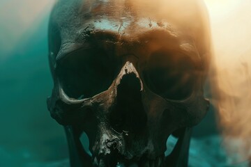 Poster - Close-up shot of a human skull with smoke emanating from it