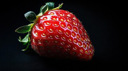 Canvas Print -   A detailed image of a luscious red strawberry against a dark backdrop, adorned with a vibrant green leaf atop