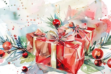 Poster - A watercolor painting of a Christmas gift on a table, suitable for use in holiday cards or seasonal promotional materials