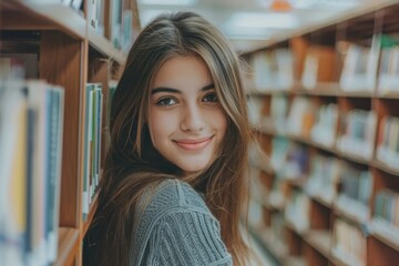 Aufkleber - A young woman smiling in a quiet library setting