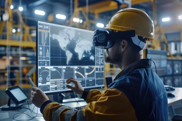 Poster - A man in a hard hat sits at a desk using a computer, possibly for work-related tasks