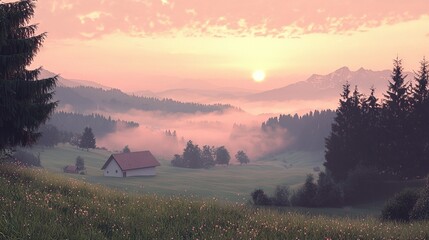 Poster -  A house surrounded by trees and mountains, with the sun setting beyond the horizon