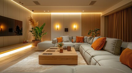 Wall Mural - Modern contemporary living room with spacious L-shaped sofa, elegant lighting, and natural decor