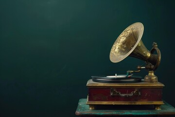 Poster - A vintage record player on a wooden table, ideal for music-themed or nostalgic settings