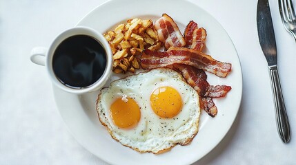 Canvas Print -   Bacon, eggs, French fries on white plate with coffee