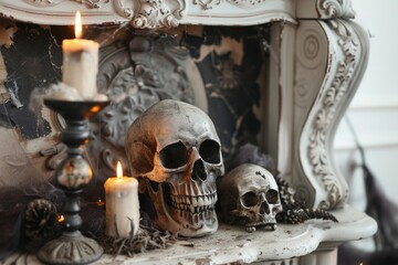 Poster - A dark and mysterious scene featuring skulls and candles on a table, accompanied by a mirror