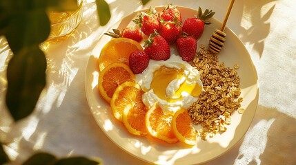 Canvas Print -   A platter featuring yogurt, granola, oranges, and strawberries is arranged elegantly on the table