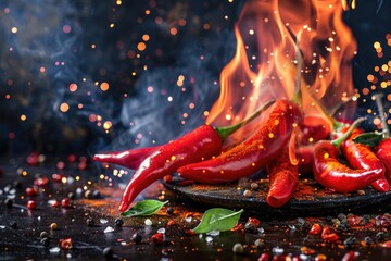 Poster - Freshly harvested hot peppers arranged on a dark-colored plate, perfect for adding a pop of color to any scene