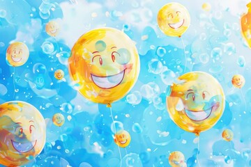 Poster - A group of colorful balloons with smiling faces drifting in the air, perfect for celebrations and parties