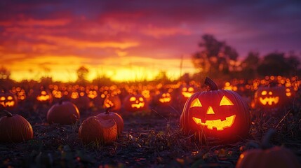 Wall Mural -  A field of Jack-o'-Lantern pumpkins bathed in the golden glow of the setting sun, surrounded by an ethereal sky brimming with