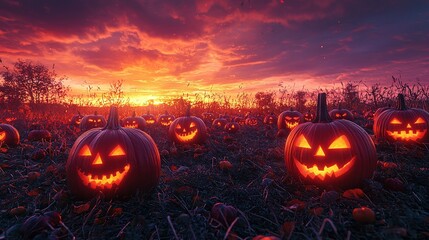 Canvas Print -   A field of Jack O'Lantern pumpkins at dusk under cloudy skies