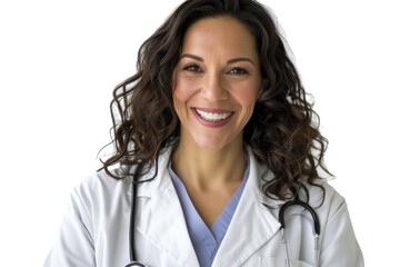 Poster - A woman in a white lab coat with a stethoscope, suitable for medical or scientific settings