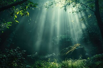 Poster - A serene forest scene with sunlight filtering through the trees