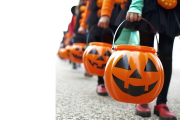 Poster - Group of kids dressed up in Halloween costumes holding buckets for trick-or-treating or collecting candy