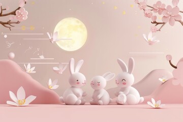 Aufkleber - Group of white rabbits siting on a bright pink field, perfect for illustration or design