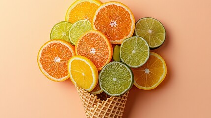 Poster -   A pink background displays an ice cream cone filled with a mix of oranges and limes The image is complete with space for text