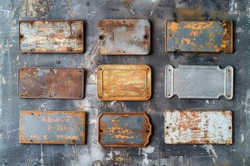 Poster - A collection of old metal trays with rust and corrosion, placed on a table