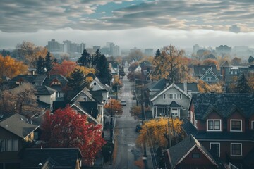 Wall Mural - A view of a peaceful neighborhood with houses and trees, perfect for illustrating a serene community or suburban setting