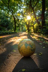 Poster - A globe sits on the ground in the middle of a forest, surrounded by trees and foliage