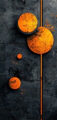 Wall Mural - Abstract artistic composition with vibrant orange and yellow circles on a dark gray textured background, showcasing a fascinating blend of colors and geometric shapes.