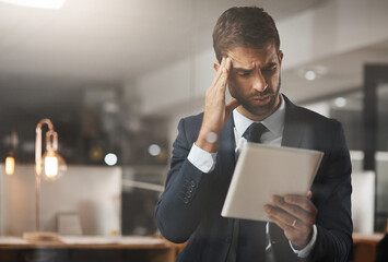 Poster - Headache, man or tablet in office for finance, company error and tired in business. Male administrator, frustrated and tech in workplace for budget crisis, stress and thinking with anxiety in evening