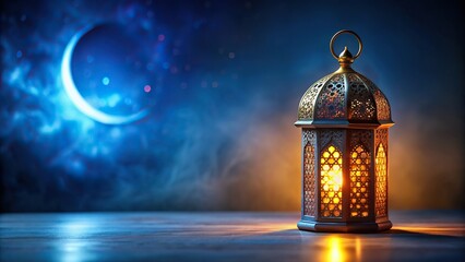 Ramadan lantern glowing with crescent moon in the dark blue background with shallow Depth of Field, spiritual, glowing, celebration, religion, dark blue, Islamic, festive, tradition