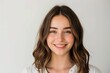 © Наталья Добровольска - Elegant woman with dark brown hair, posing on a clean white background, stylish