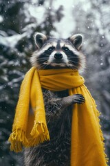 Canvas Print - A raccoon is seen wearing a bright yellow scarf while standing in the snow