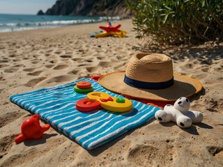 Peaceful beach in Noli, Italy with towels and toys.