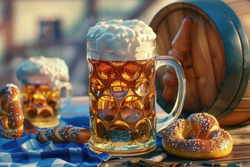 Wall Mural - A warm and inviting scene with a mug of beer and pretzels on a table, perfect for casual gatherings or cozy nights in